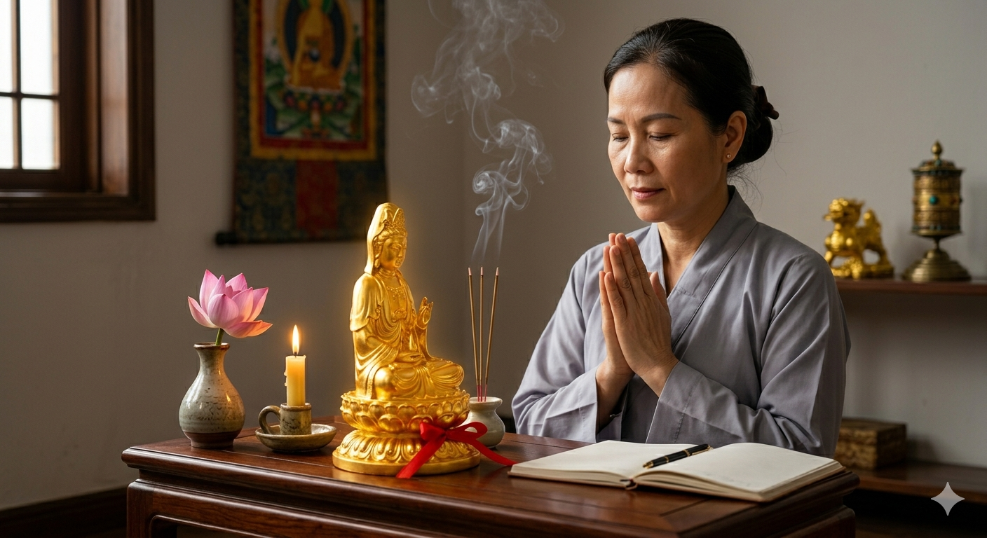 Một người đang chắp tay thành kính trước tôn tượng Phật Bản Mệnh nhỏ gọn đặt trên bàn.