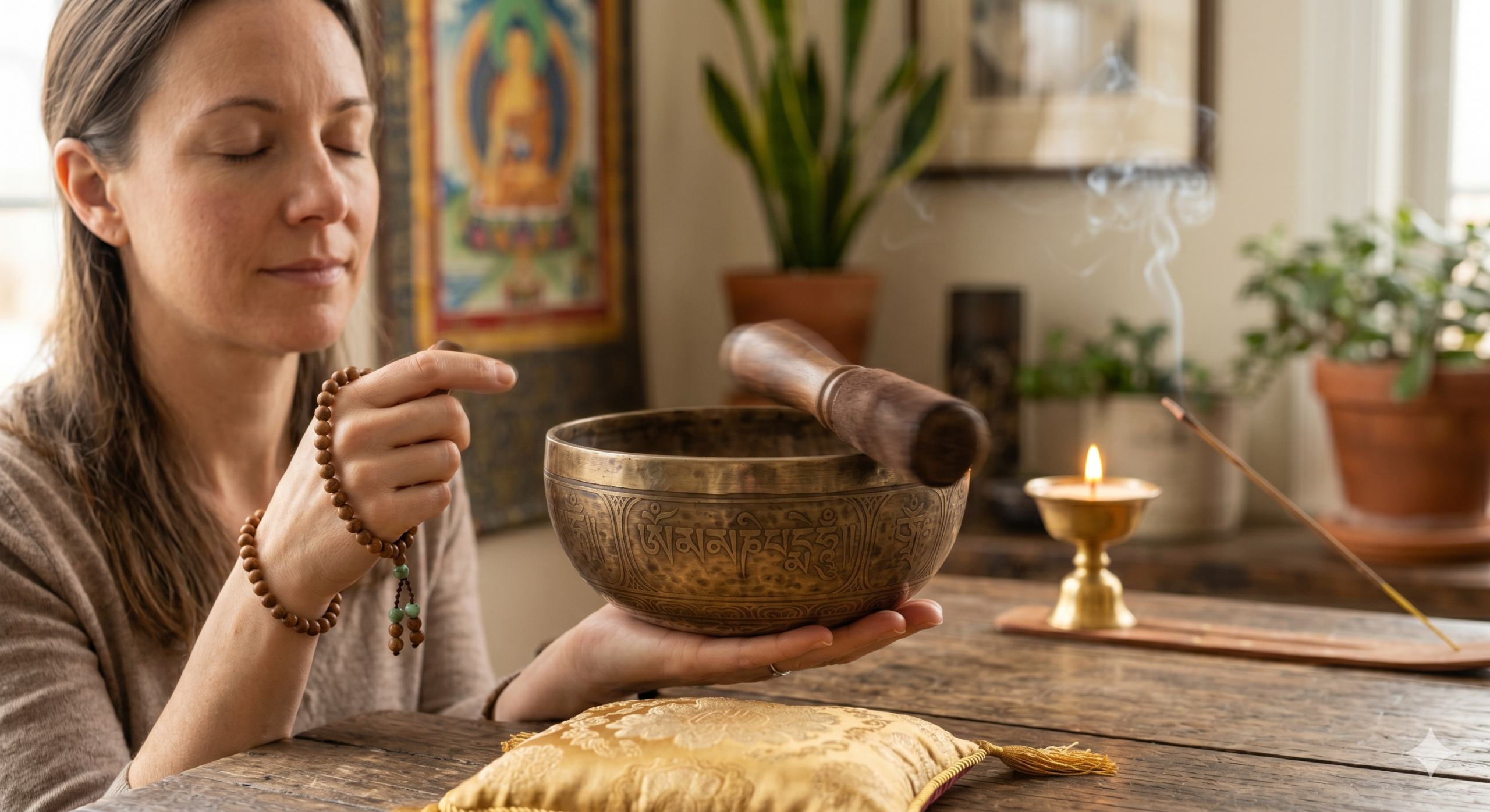 Một người đang nhắm mắt thư giãn, tay cầm dùi gỗ xoay nhẹ quanh viền chiếc chuông đặt trên lòng bàn tay.